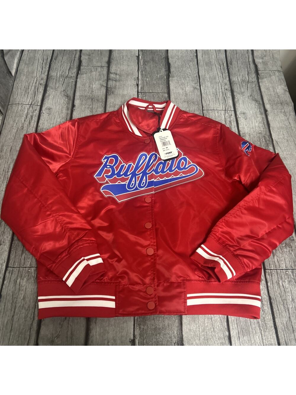 NWT WOMEN'S Pro Standard BUFFALO BILLS SCRIPT TAIL RIB SATIN JACKET Medium Red